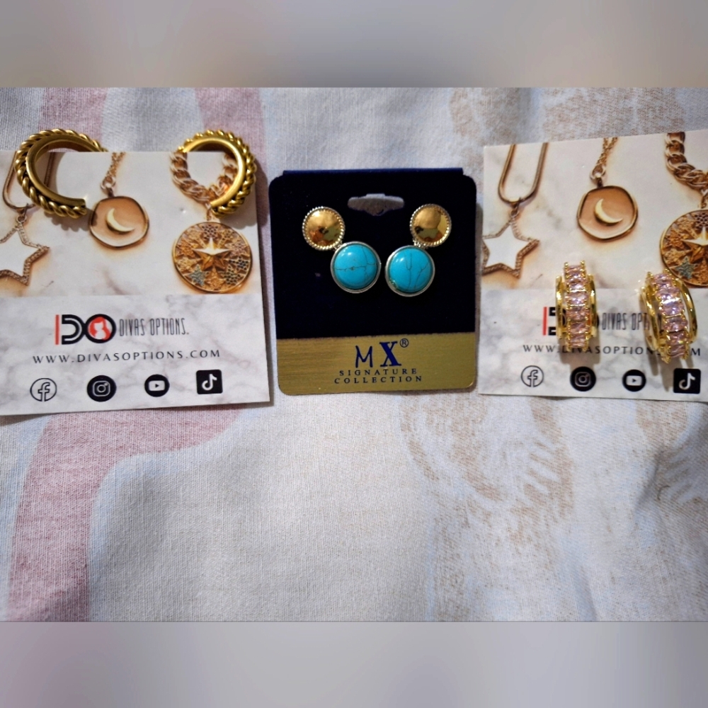 Gold, Turquoise And Rose Gold Earrings. 14K Gold Plated.